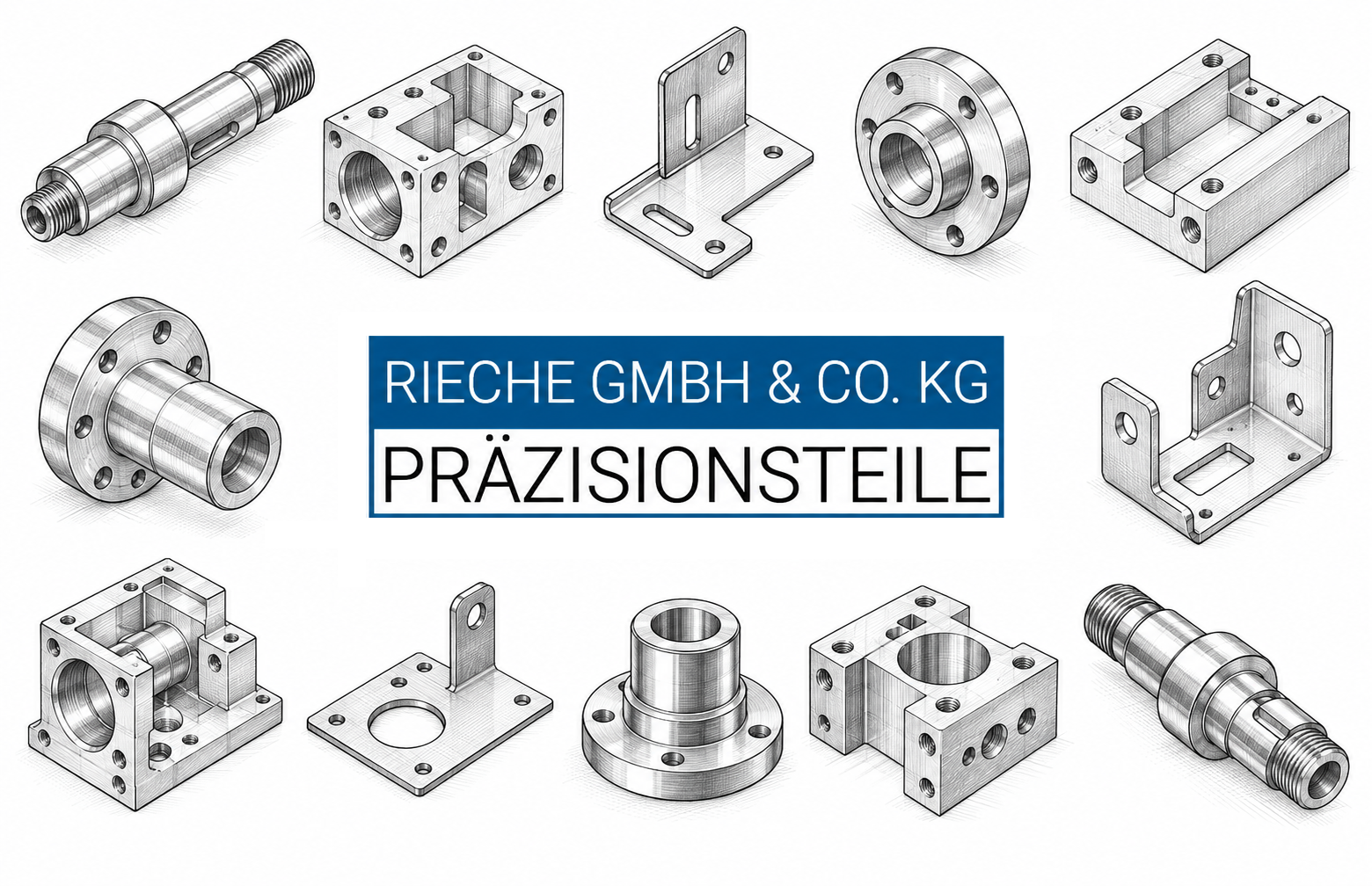 Technische Zeichnungen von Präzisionsbauteilen auf weißem Hintergrund mit dem Rieche-Firmenlogo in der Mitte